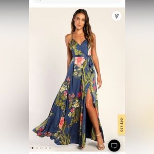 Lulu's maxi dress "Still the One Blue Floral Print Satin Maxi Dress".